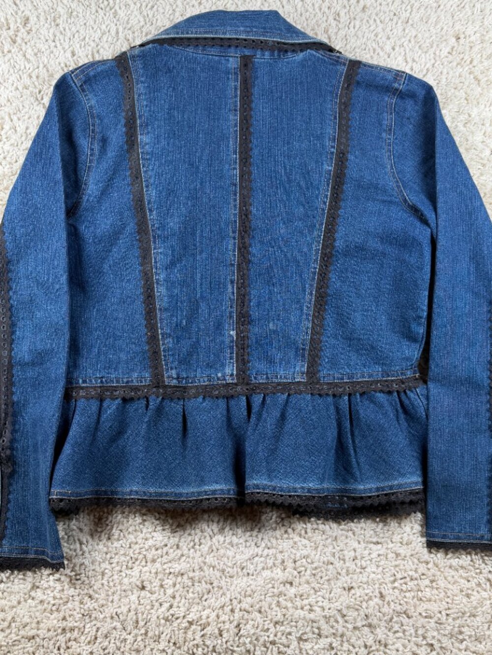 The Pyramid Collection Denim Ruffle Peplum Lace Jacket Women’s M Blue - Picture 9 of 10